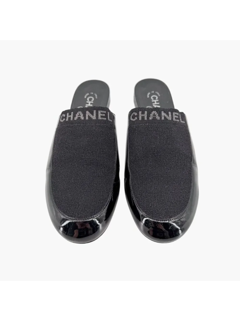 Chanel Logo Glitter Lurex Black Patent Leather Mule Flats Size 39 C US 8-8.5